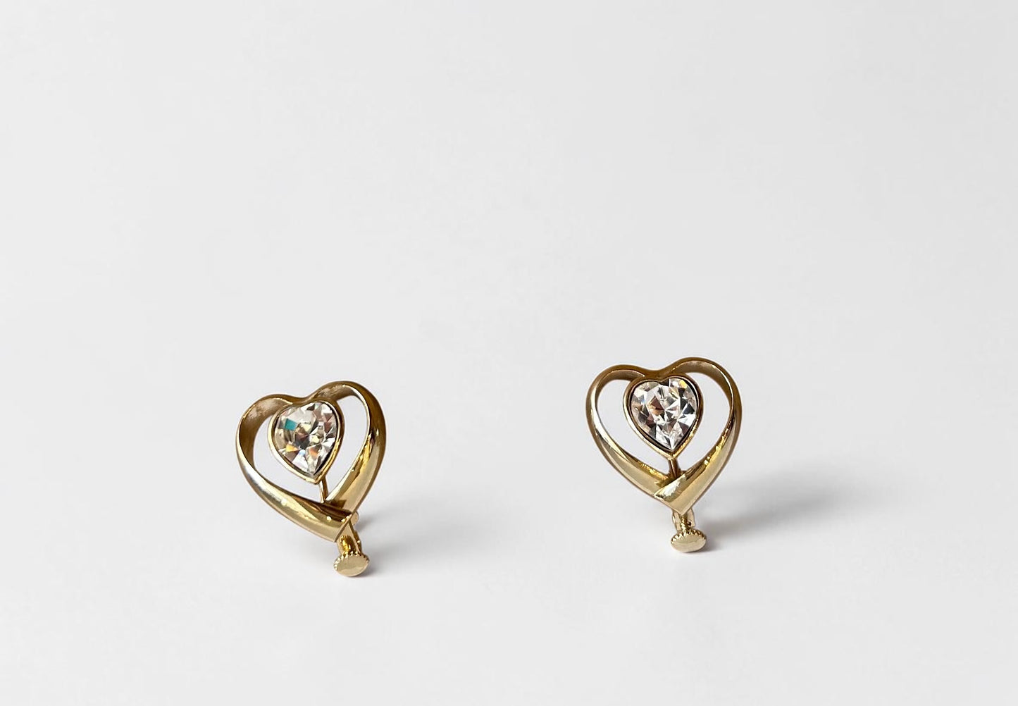 Vintage Gold-Plated Double Heart Earrings with Crystal Center |90s