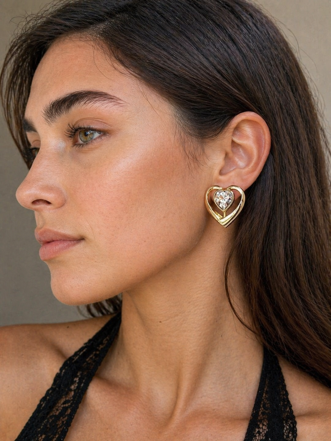Vintage Gold-Plated Double Heart Earrings with Crystal Center |90s