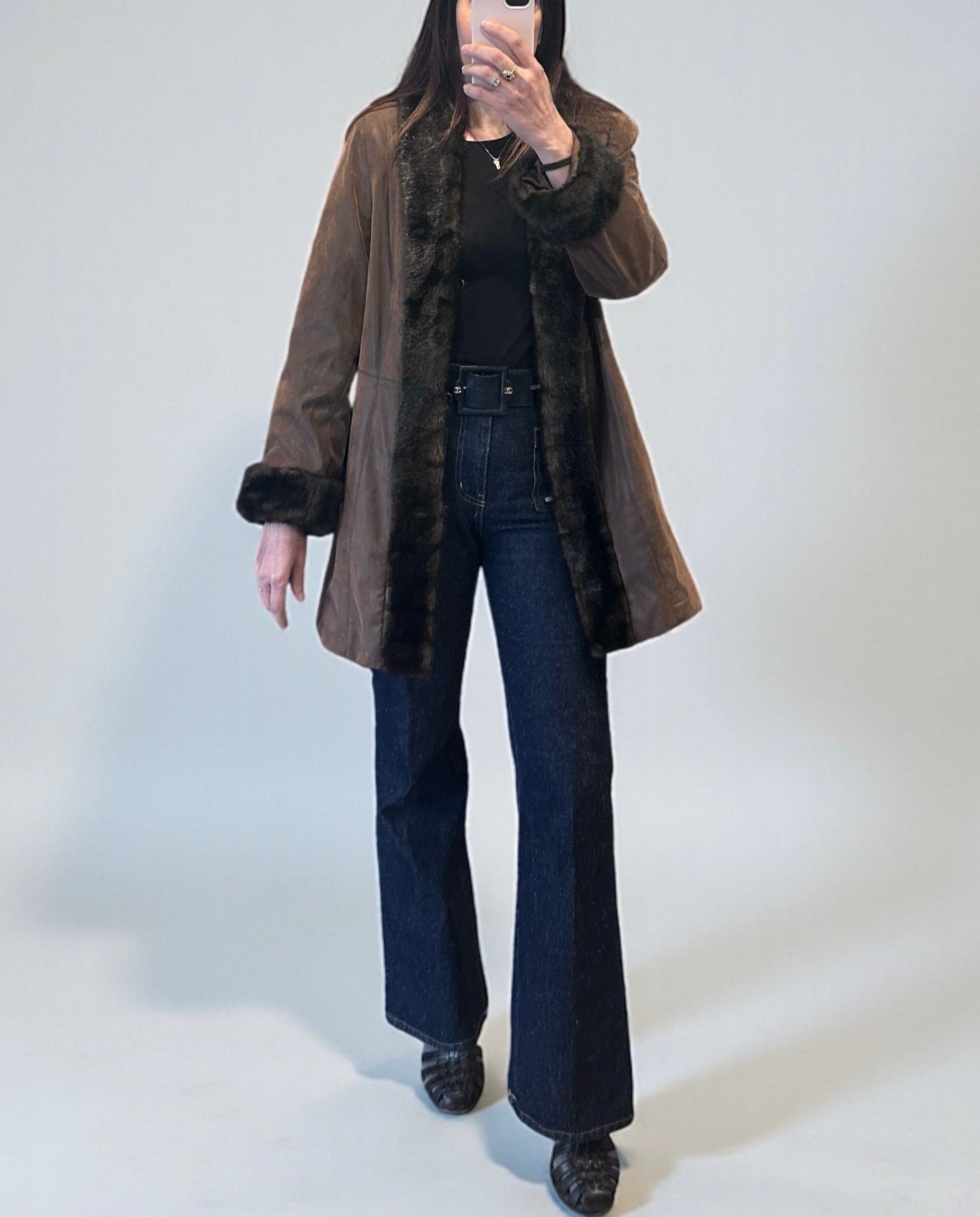 Vintage Penny Lane Style Brown Coat with Faux Fur Trim