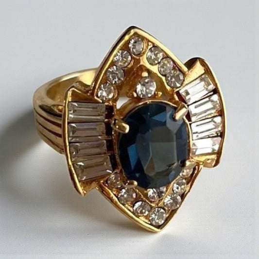 Vintage 14K Gold Plated Blue Stone Statement Ring