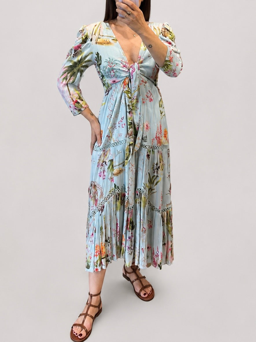 Hemant & Nandita Botanical Print Tie-Front Midi Dress with Sequin Embellishments