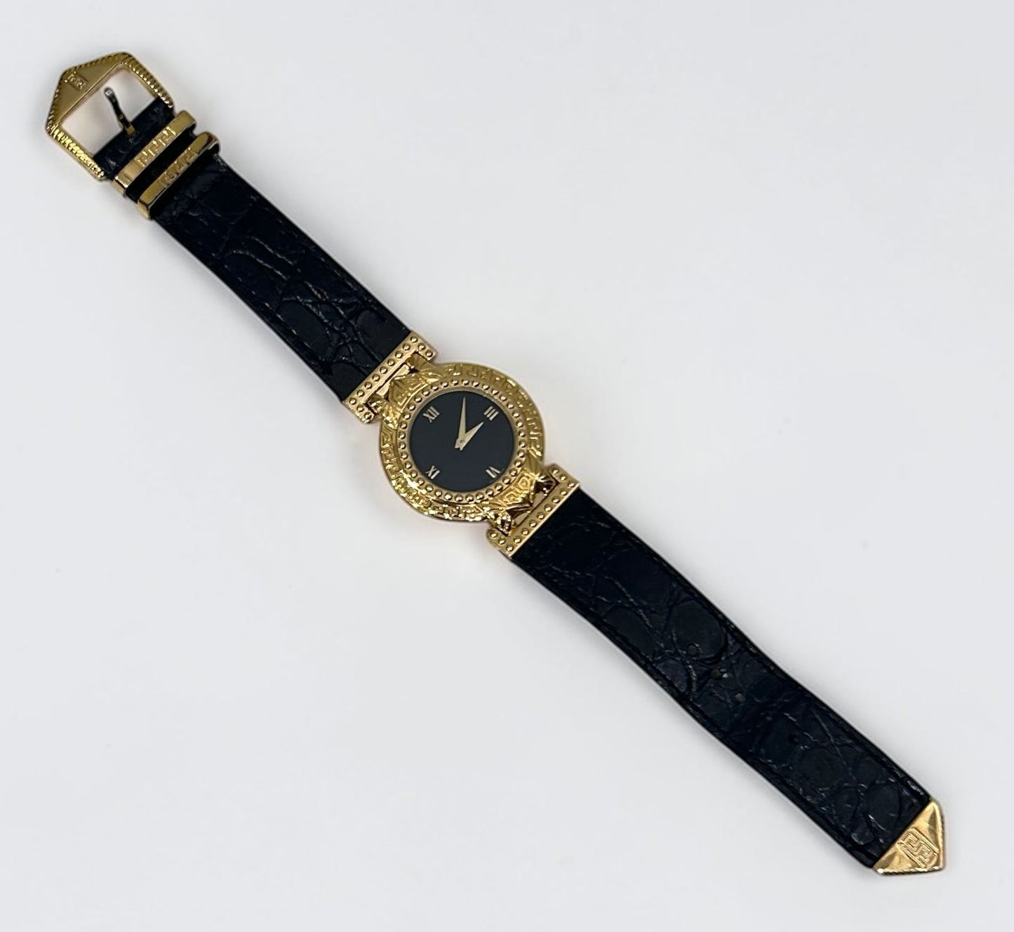 Vintage Gianni Versace Greek Key Gold Watch with Croc Leather Strap| 1994