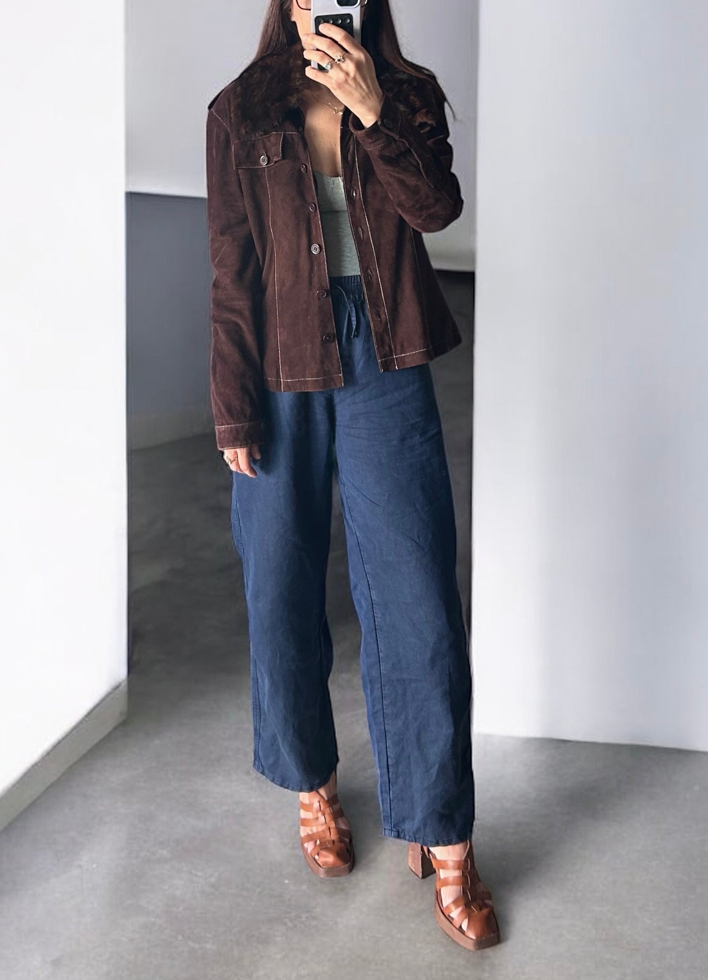 Vintage Brown Suede Jacket with Removable Real Fur Collar