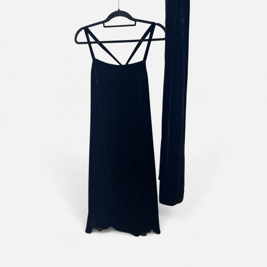 Vintage Joseph Black Velvet Midi Dress with Scarf Detail | 1990s