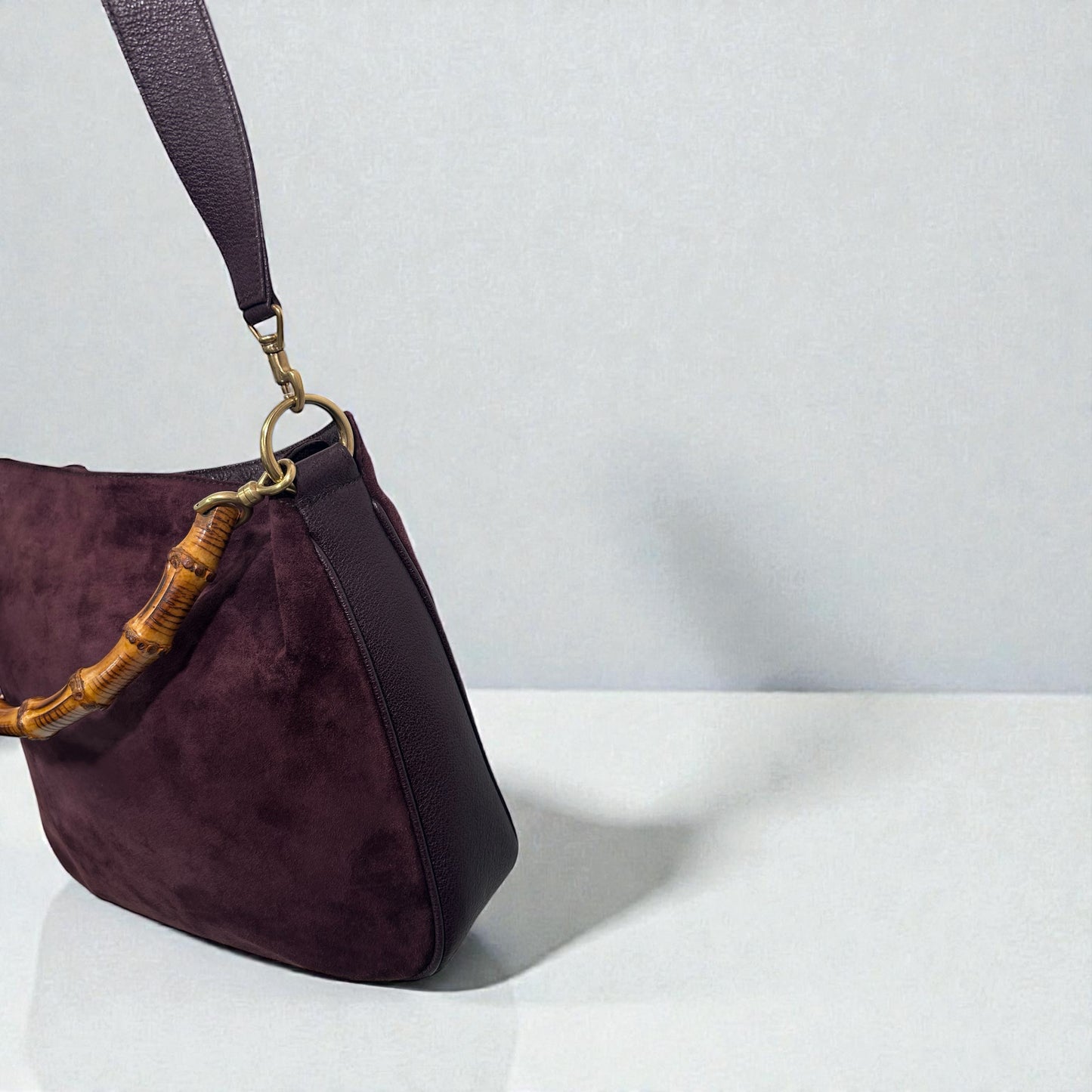 Vintage Gucci Burgundy Suede Bamboo Shoulder Bag