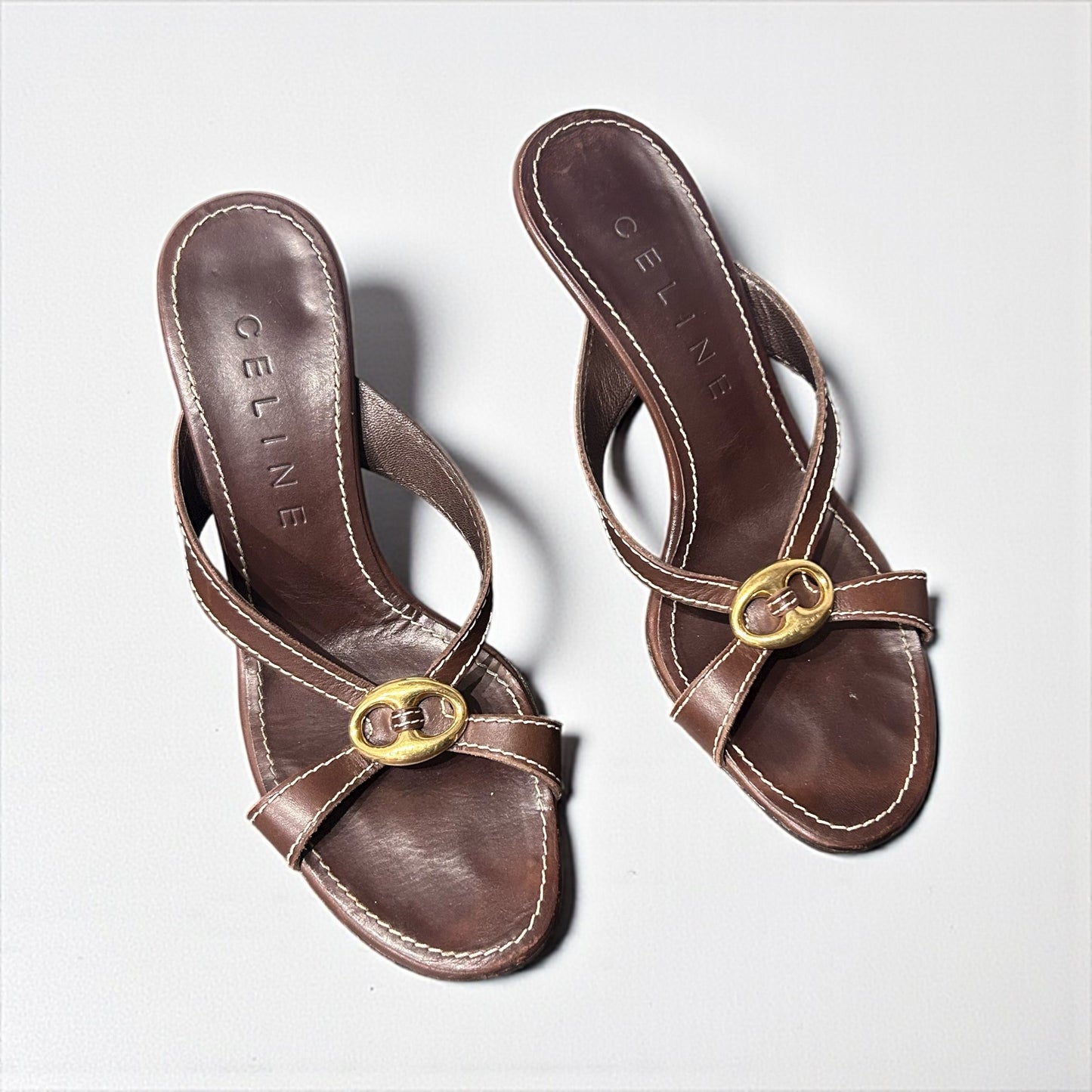 Vintage Celine Brown Leather Mule Sandals with Gold-Tone Hardware