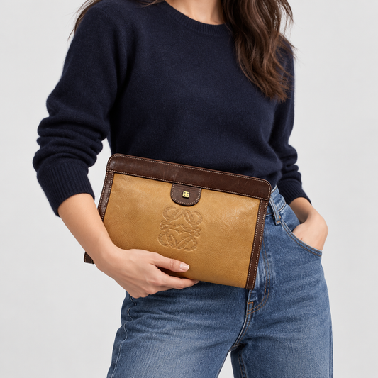 Vintage Loewe Two-Tone Leather Anagram Clutch | 1980s
