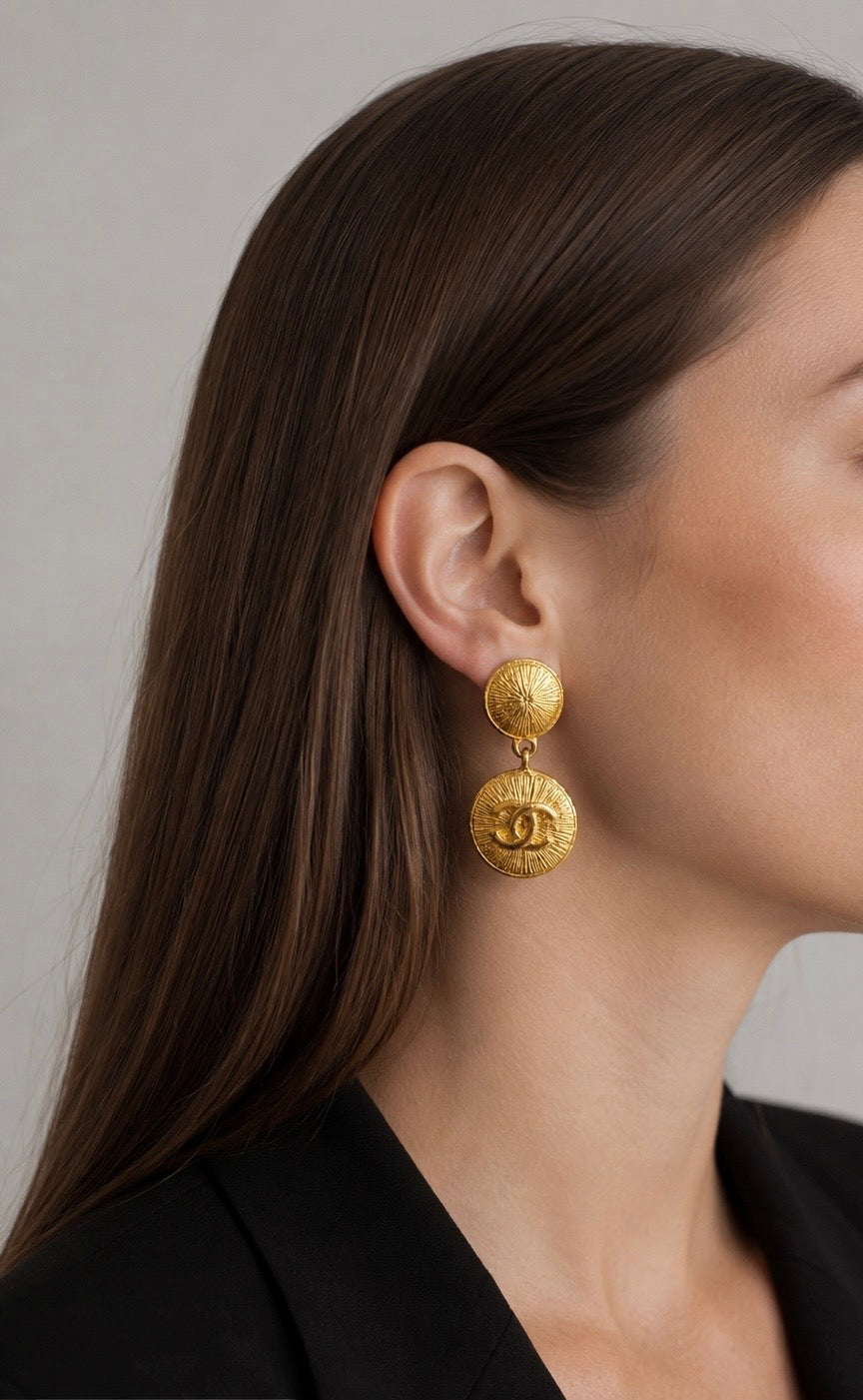 Vintage Chanel CC Sunburst Gold Plated Drop Earrings| Early 1990s, Karl Lagerfeld Era