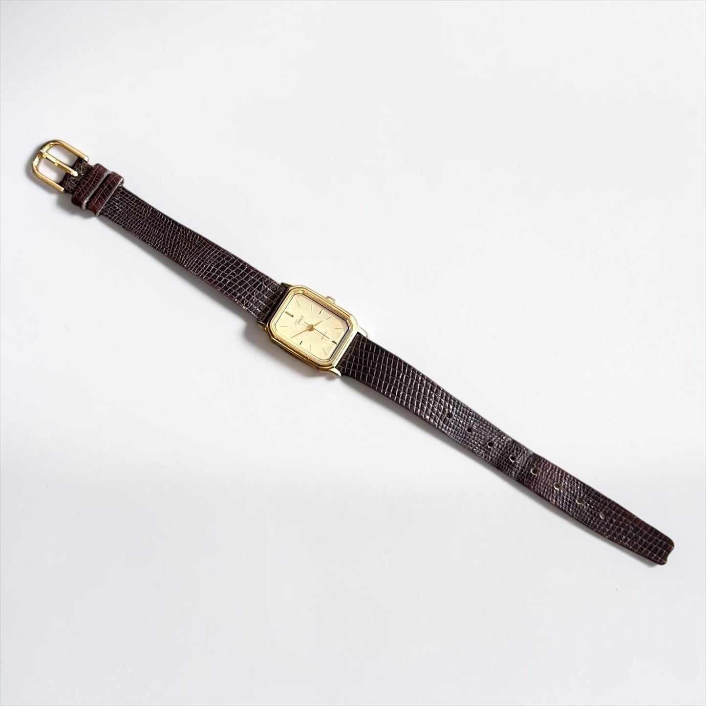 Vintage Timex Gold-Plated Watch with Brown Leather Strap| 1990s