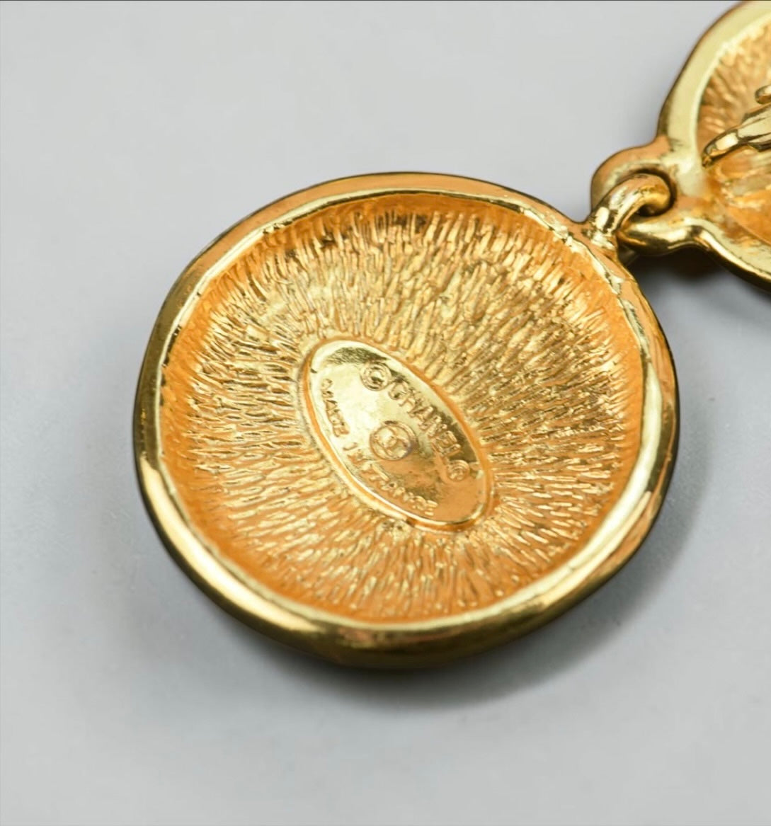 Vintage Chanel CC Sunburst Gold Plated Drop Earrings| Early 1990s, Karl Lagerfeld Era