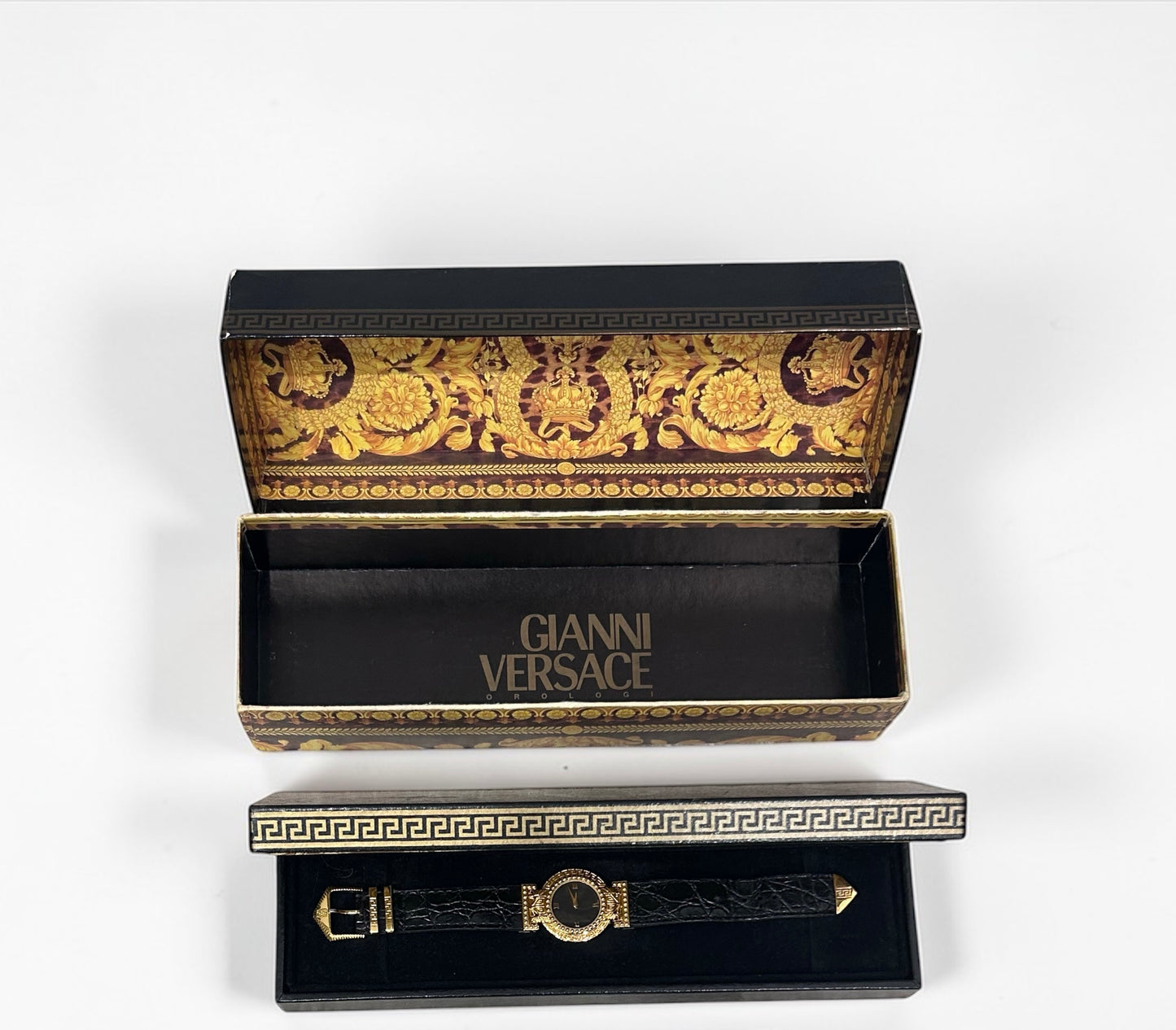 Vintage Gianni Versace Greek Key Gold Watch with Croc Leather Strap| 1994