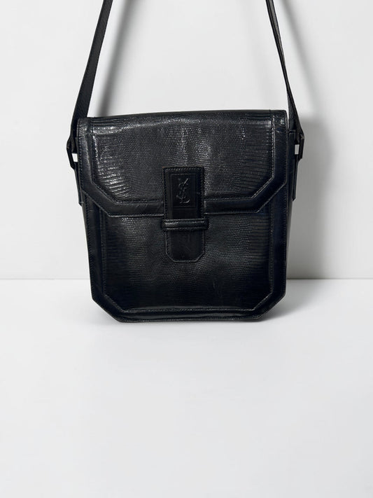 Vintage Yves Saint Laurent Black Embossed Leather Shoulder Bag| Early 1990s