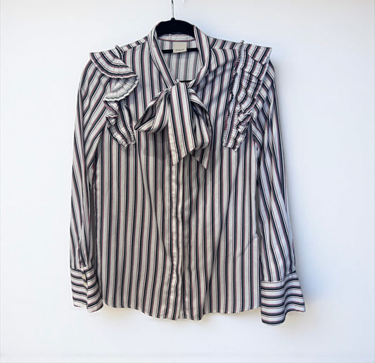 Pinko Striped Ruffle Blouse with Bow Tie