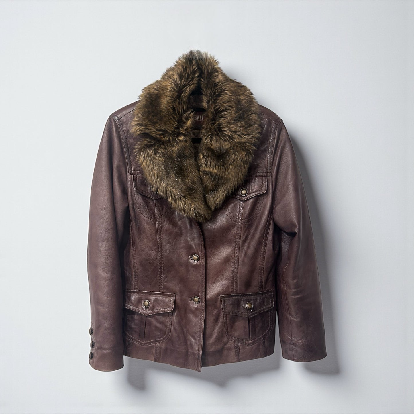 Early 2000s Brown Leather Jacket with Faux Fur Collar