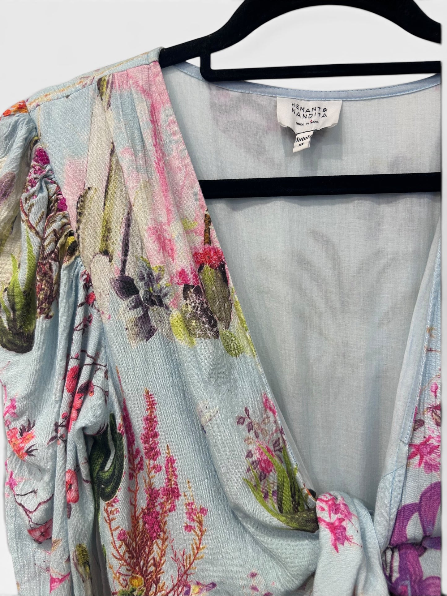 Hemant & Nandita Botanical Print Tie-Front Midi Dress with Sequin Embellishments