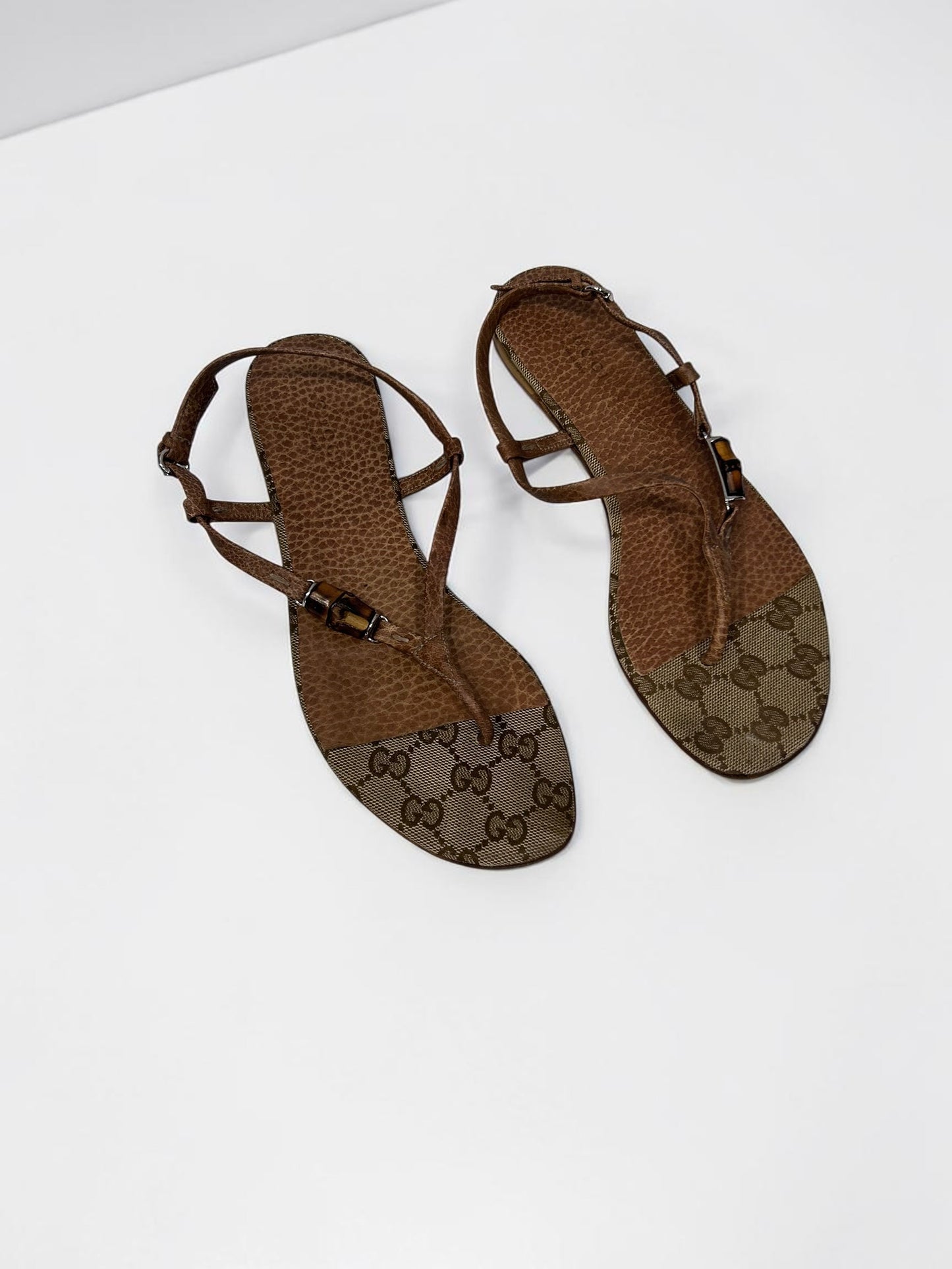 Vintage Canvas & Brown Leather Bamboo Thong Sandals |Tom Ford Era Y2K