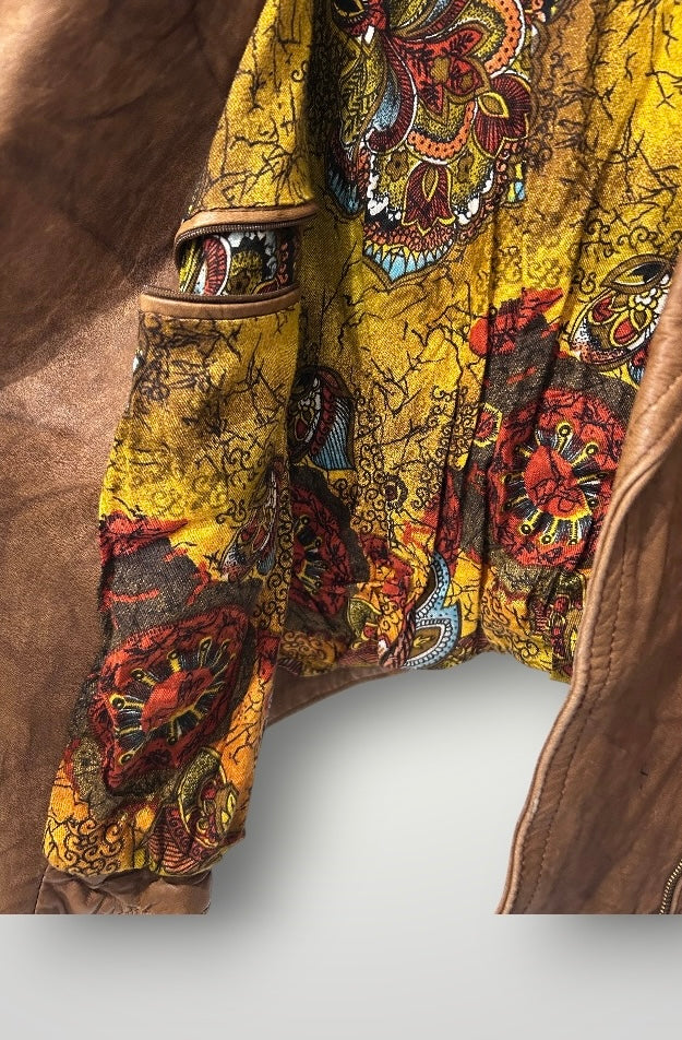 Vintage Distressed Leather Jacket with Printed Lining