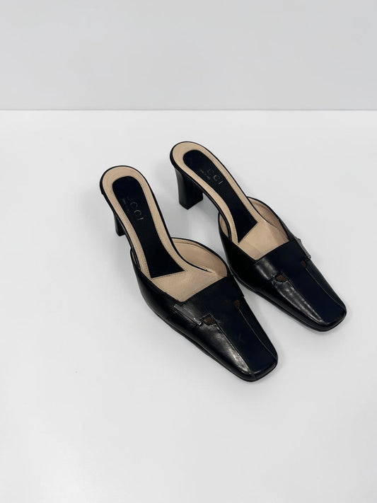 Vintage Gucci Black Leather Mule Heels| Early 2000s