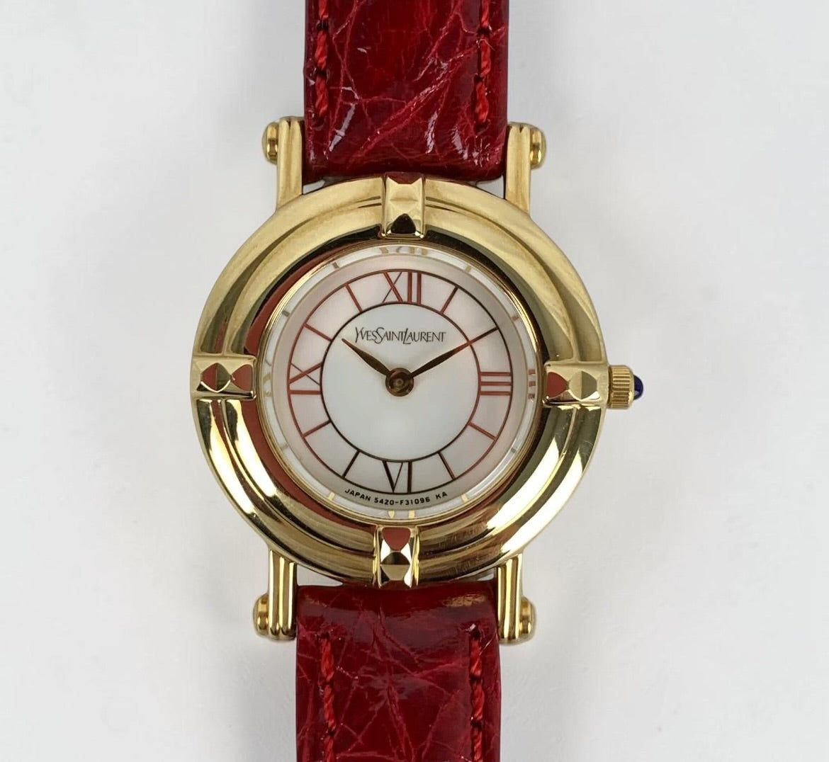 Vintage Yves Saint Laurent Gold Plated Watch with Red Leather Strap|1990s