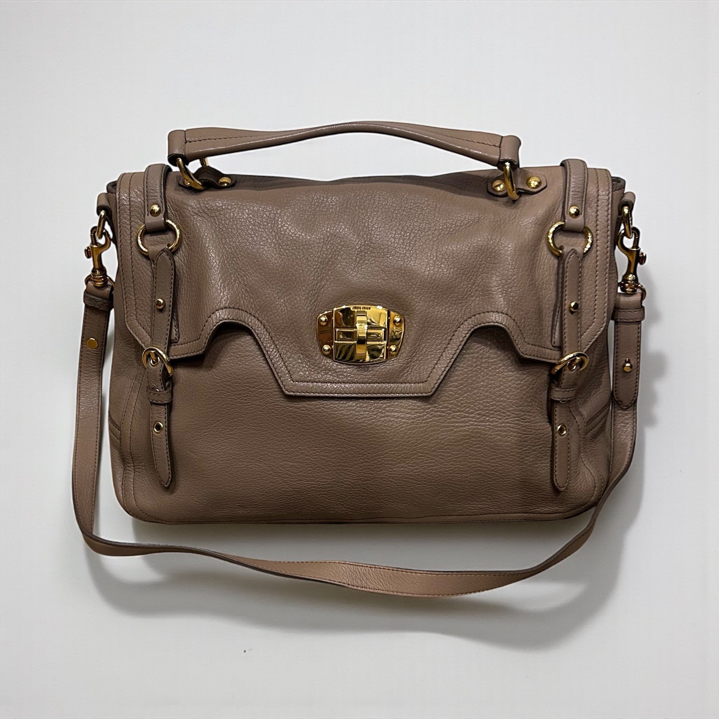 Miu Miu Taupe Leather Top Handle Bag with Gold Hardware