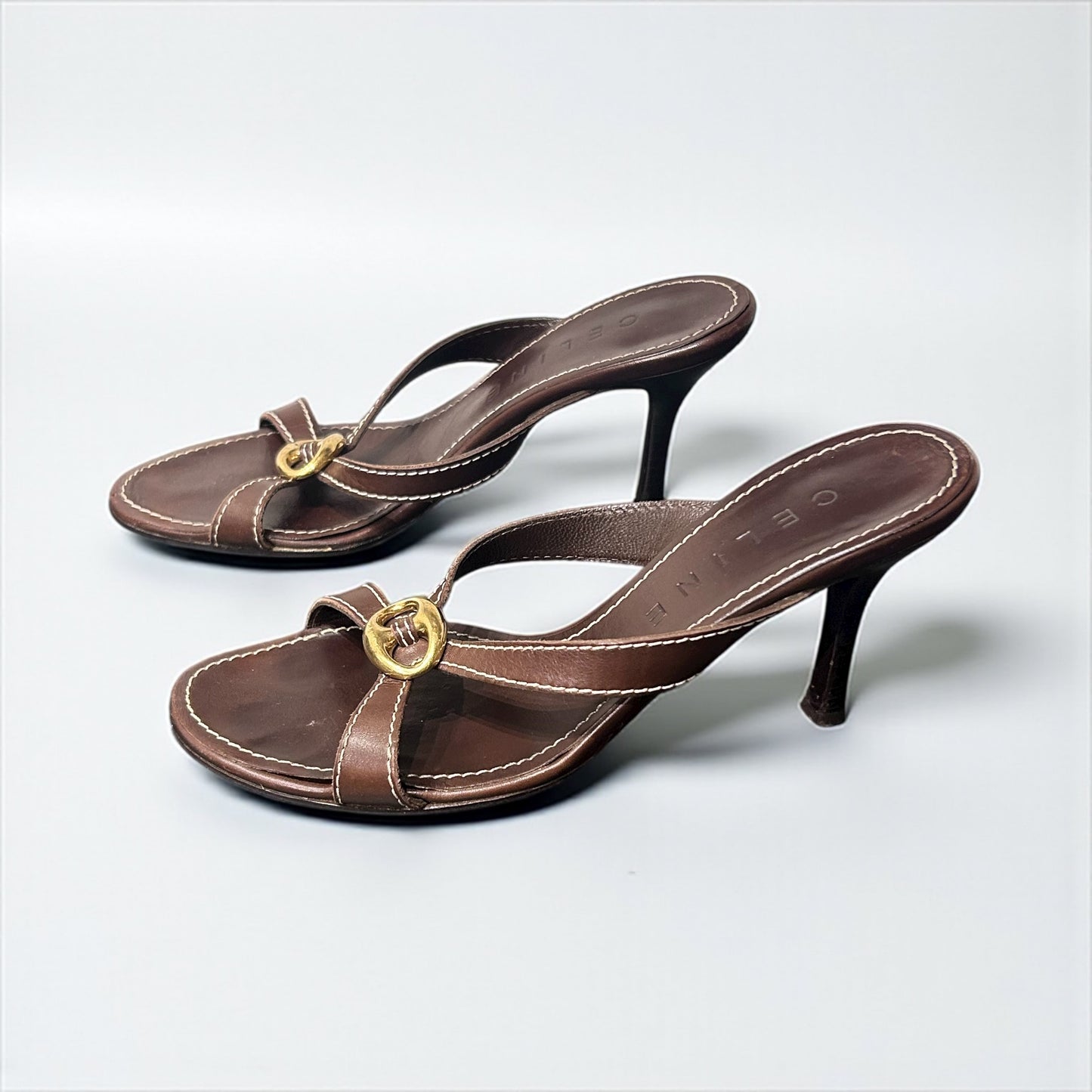 Vintage Celine Brown Leather Mule Sandals with Gold-Tone Hardware