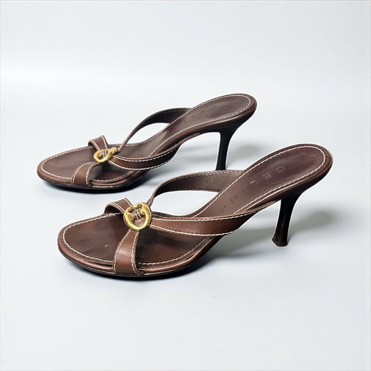 Vintage Celine Brown Leather Mule Sandals with Gold-Tone Hardware