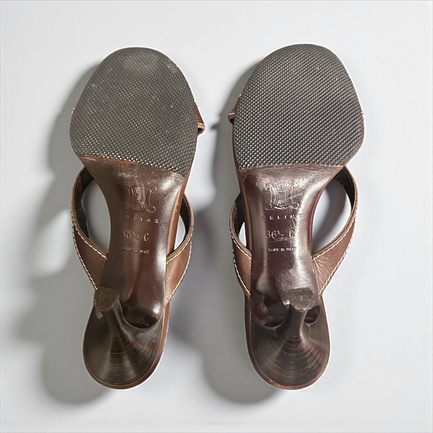 Vintage Celine Brown Leather Mule Sandals with Gold-Tone Hardware