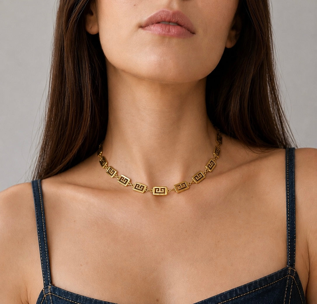 Vintage Givenchy Gold-Tone Greek Key Choker Necklace| 1990s