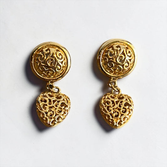 Vintage Gold Plated Filigree Heart Drop Clip-On Earrings | Late 1980s
