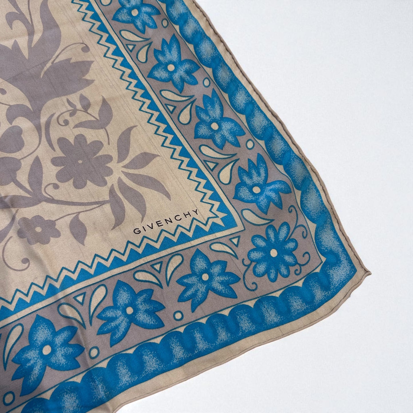 Vintage  Givenchy Silk Floral Scarf in Blue & Beige