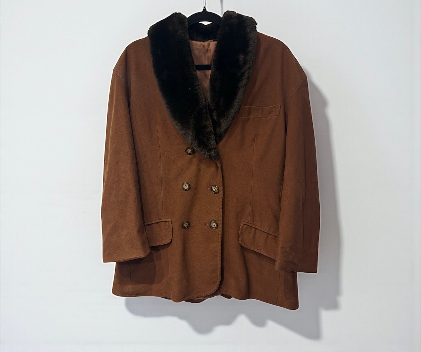 Italian Vintage Brown Double-Breasted Jacket with Faux Fur Collar