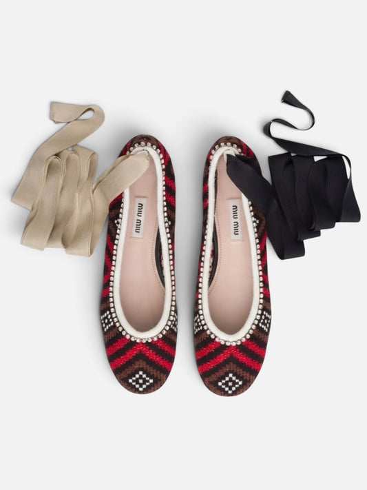 Miu Miu Crystal-Trim Crochet Ballet Flats with Interchangeable Ankle Ribbon|Fall/Winter 2019