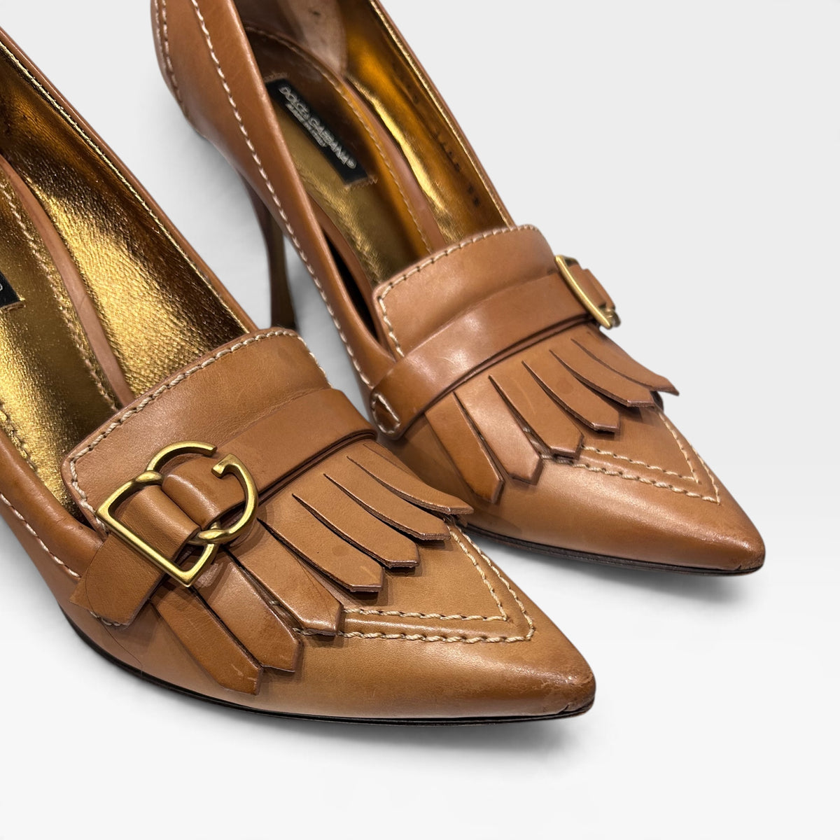 Vintage Dolce & Gabbana Tan Leather Kiltie Pumps | Early 2000s