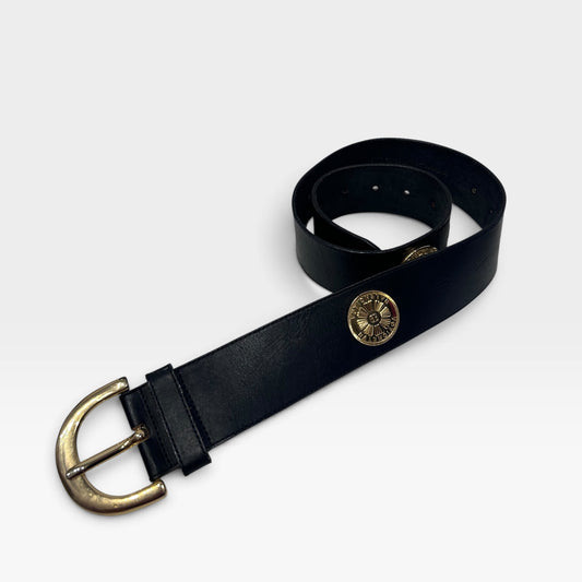 Vintage Balenciaga Paris Black Leather Medallion Belt| 1980s
