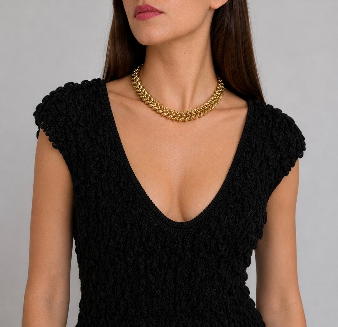 Vintage Gold Plated Herringbone Link Statement Necklace | Late 80s