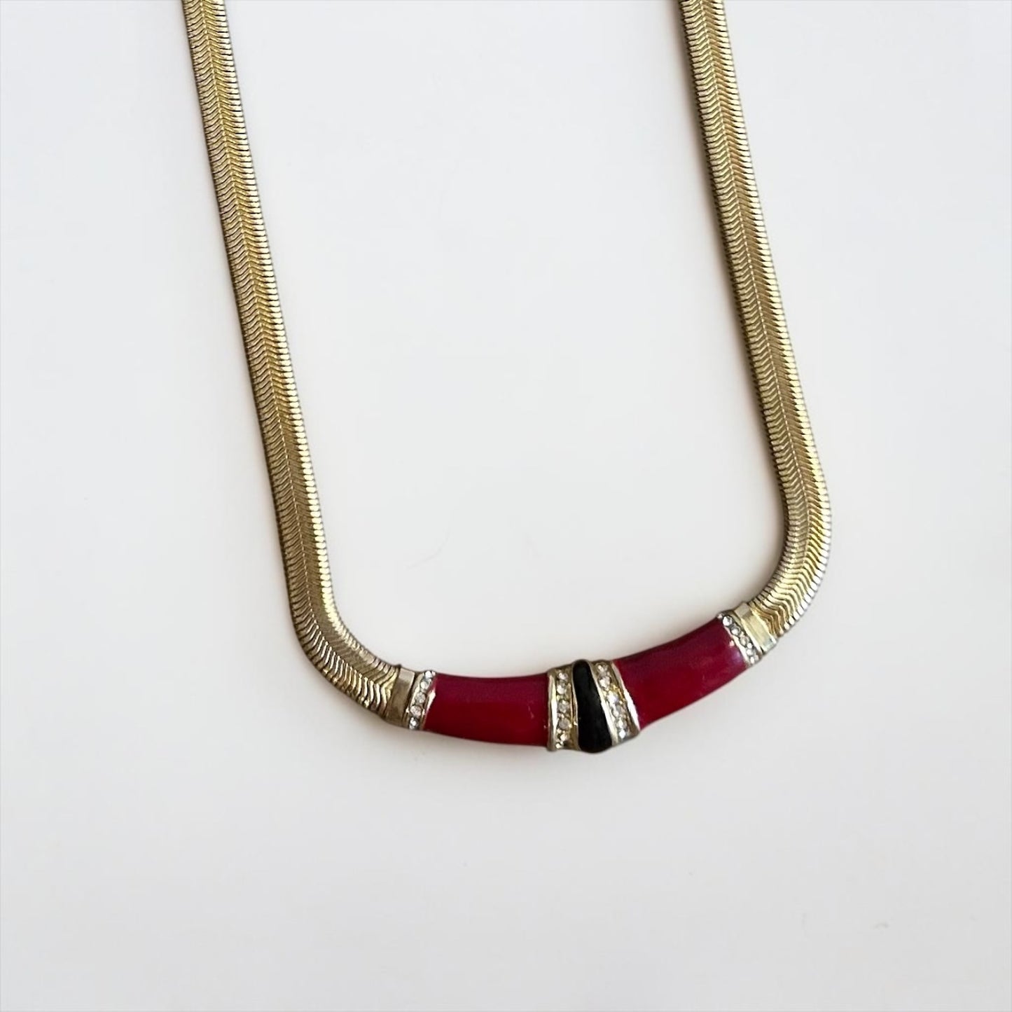Vintage Gold Tone Chain Necklace with Red & Black Enamel Detail | 1980s