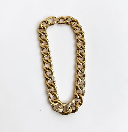 Vintage Gold-Plated Statement Chain Necklace with Crystal Accents| Late 80s