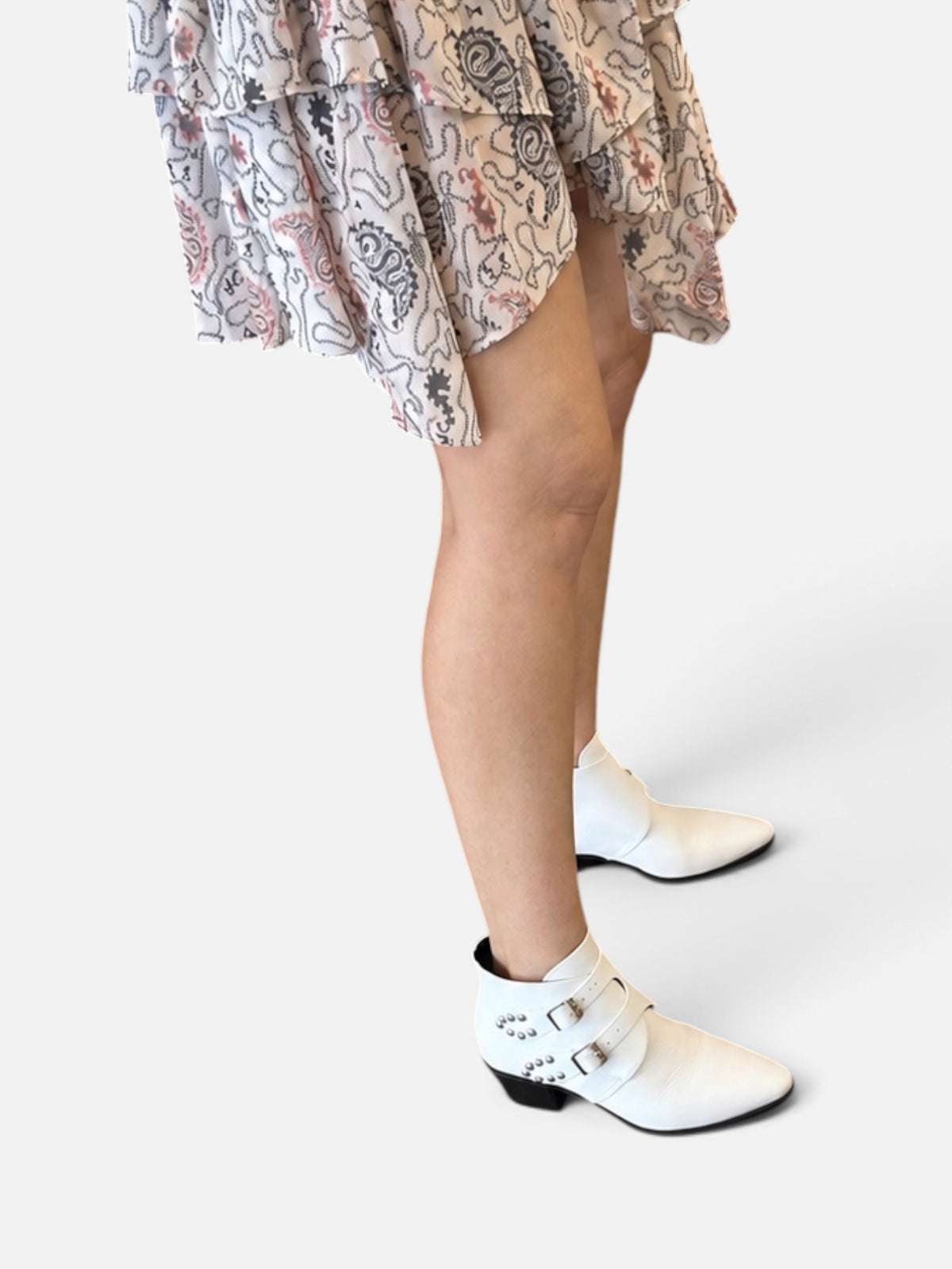 Saint Laurent Paris White Leather Double Buckle Ankle Boots