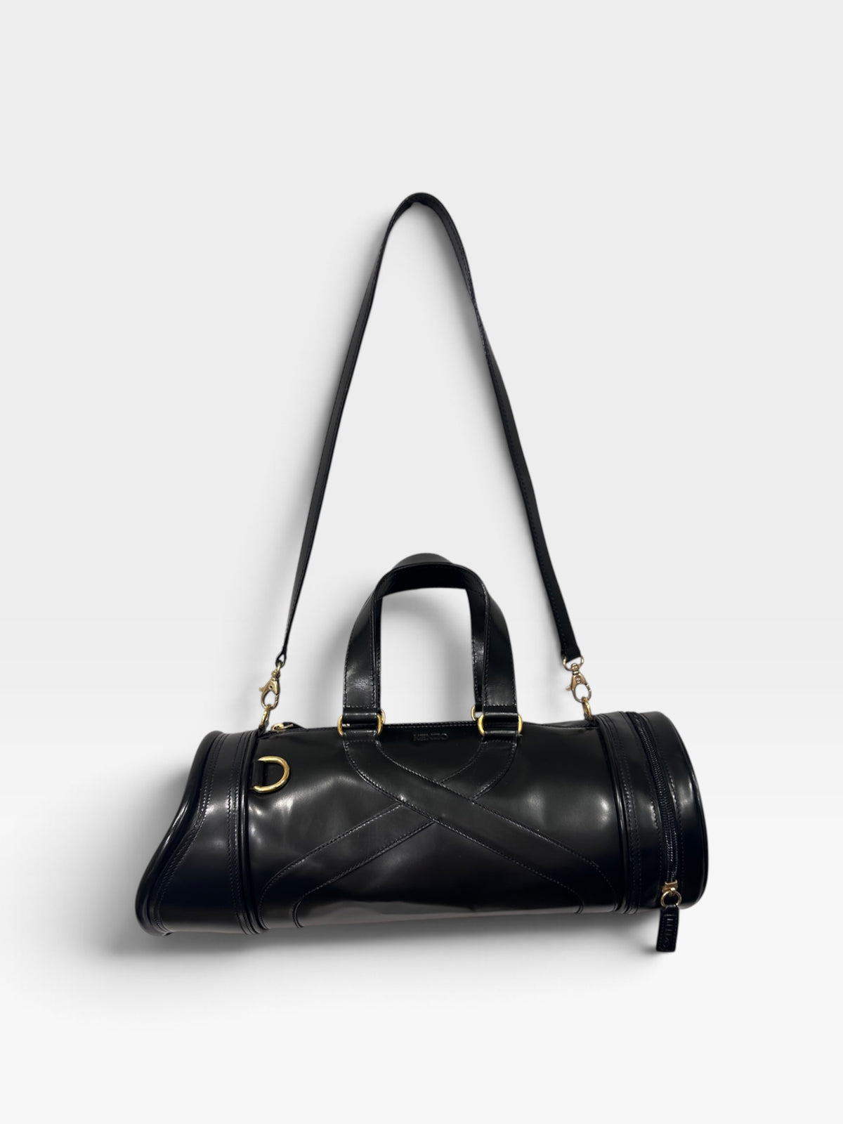 Vintage Kenzo Black Leather Barrel Bag|Early 2000s
