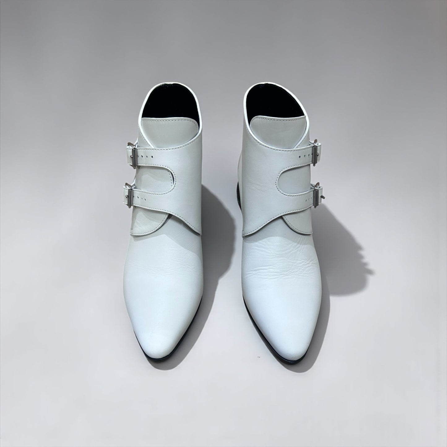 Saint Laurent Paris White Leather Double Buckle Ankle Boots