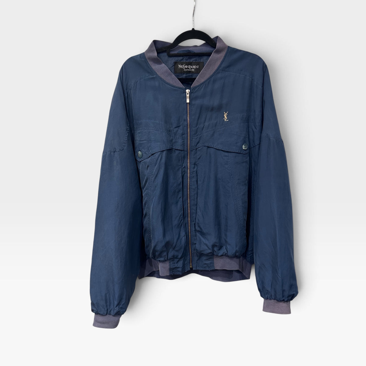 Vintage Yves Saint Laurent Blue Silk Bomber Jacket | 1990s