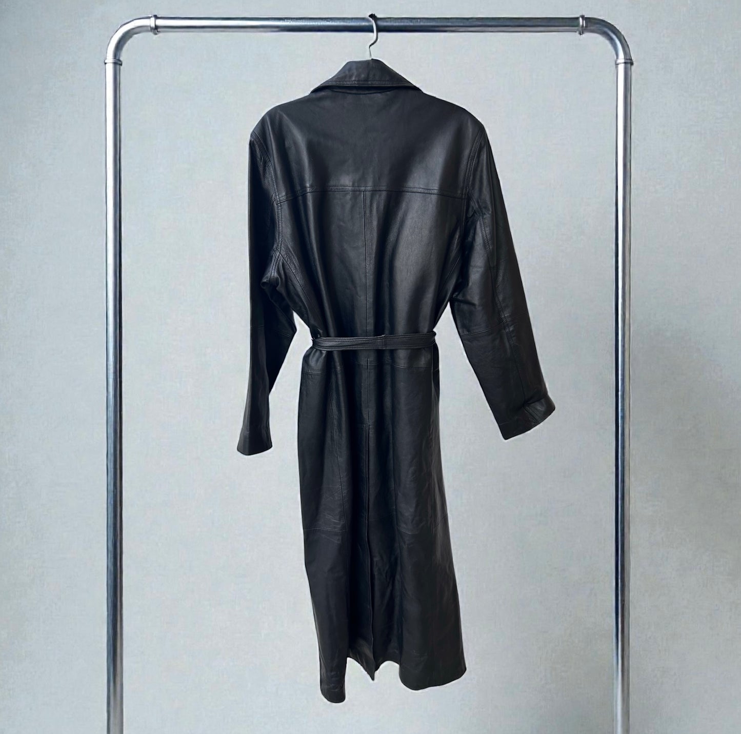 Vintage Santa Fe Black Leather Trench-Style Coat|1990׳s