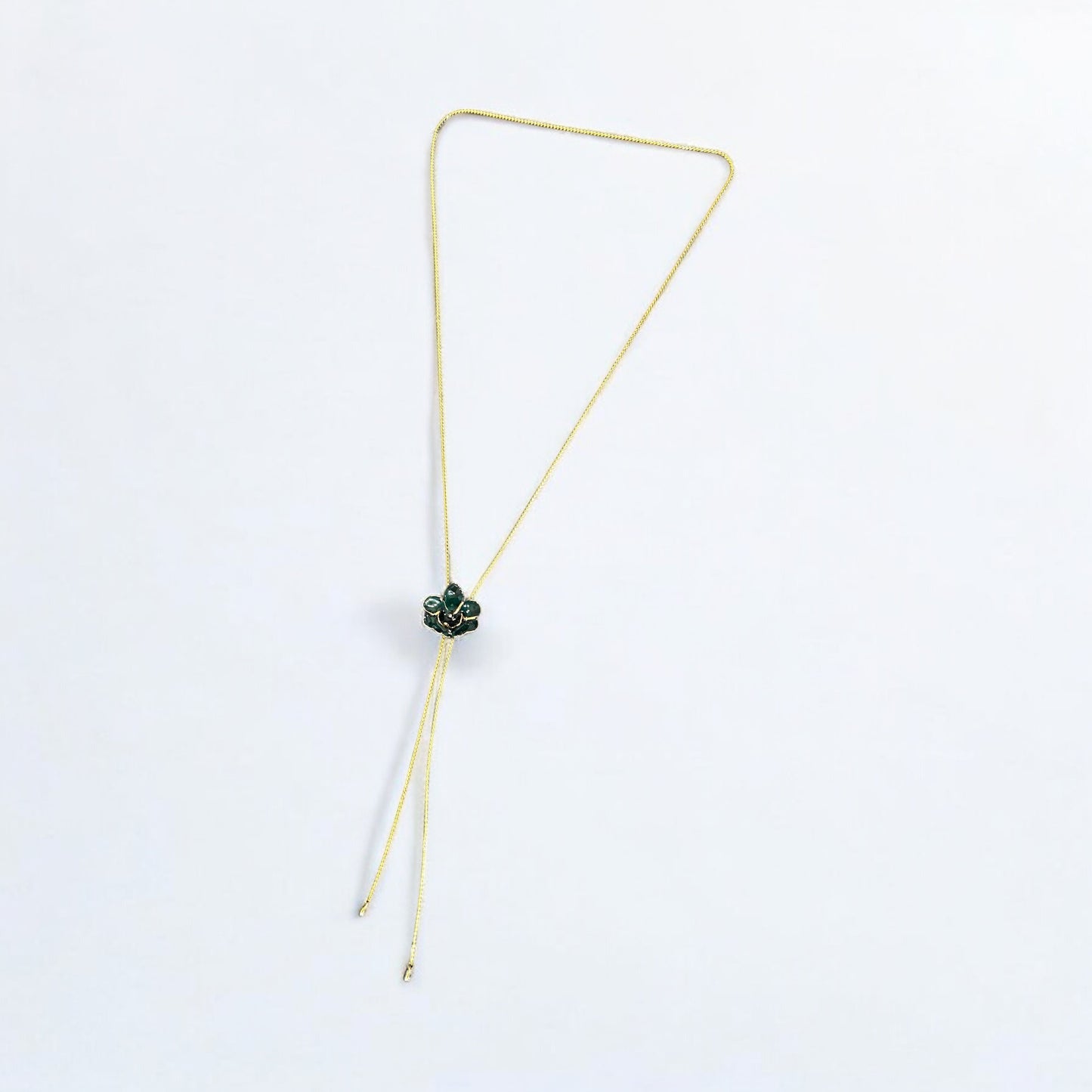 Vintage Gold-Plated Adjustable Slider Necklace with Green Enamel Flower Pendant