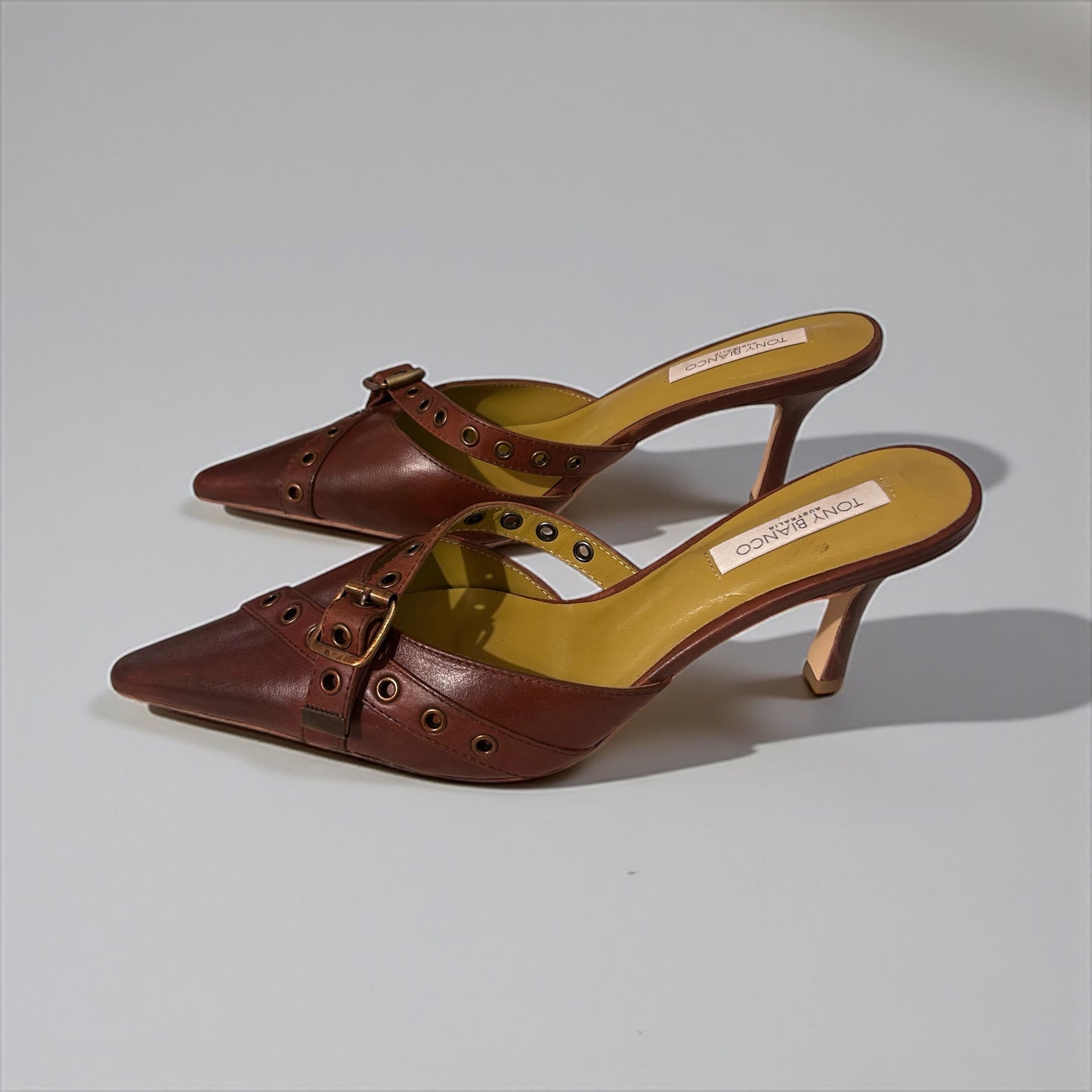 Tony Bianco Brown Leather Studded Mules, Early 2000s