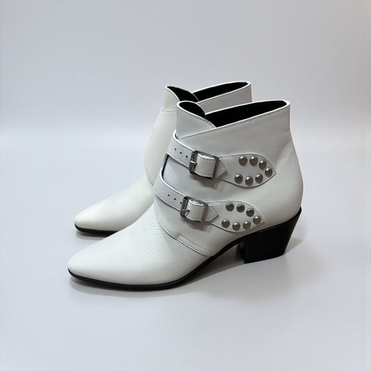 Saint Laurent Paris White Leather Double Buckle Ankle Boots