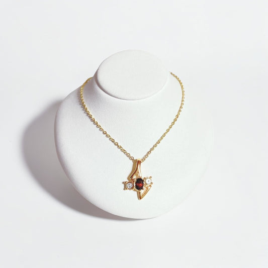 Vintage Gold-Plated Pendant Necklace with Burgundy Stone |90’s