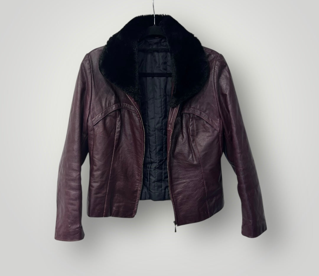 Vintage AALTONEN Burgundy Leather Jacket with Faux Fur Collar
