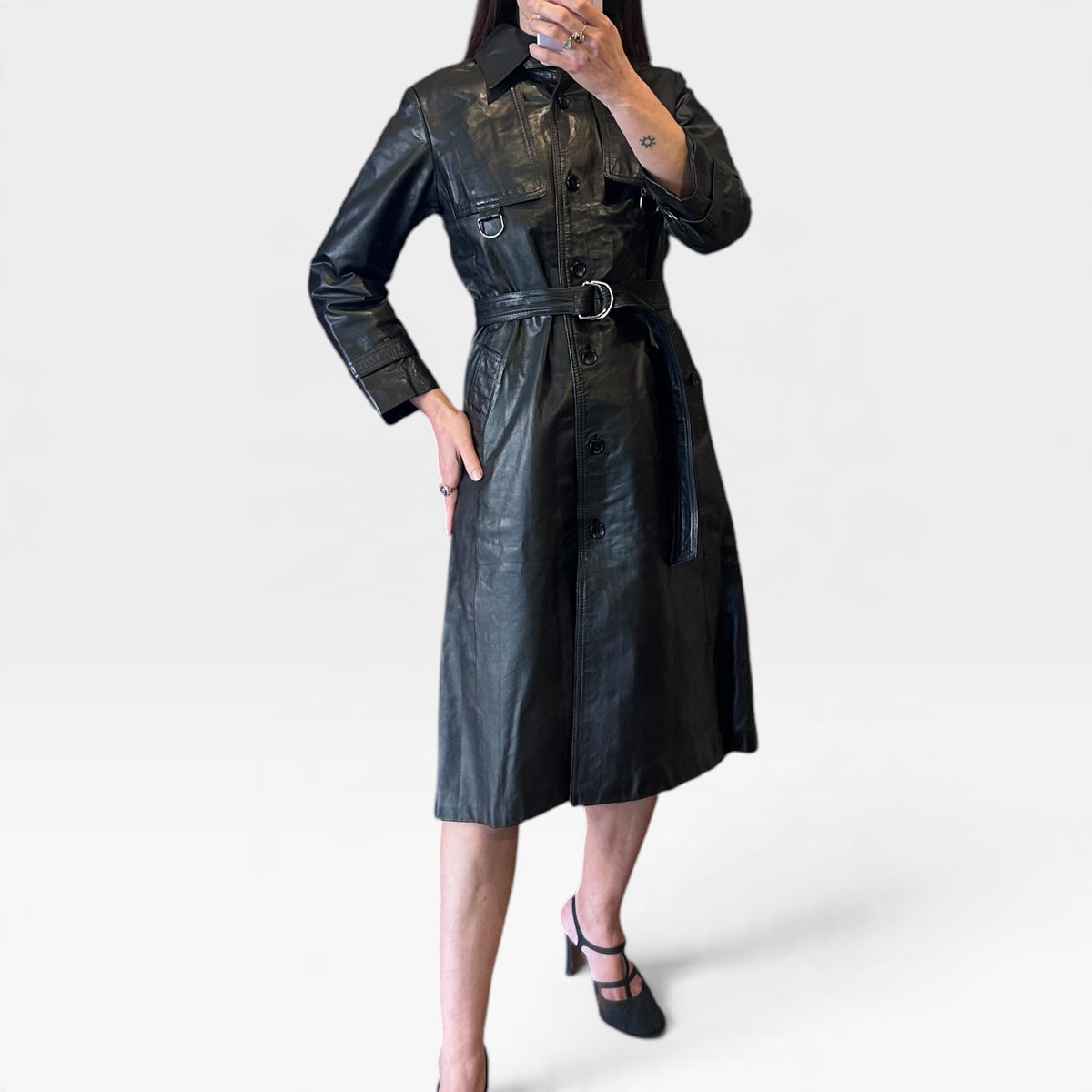 Vintage ROPE Black Leather Trench Coat | Early 2000s