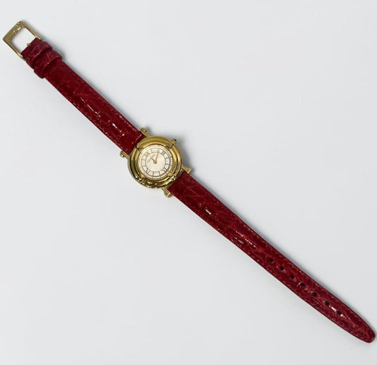 Vintage Yves Saint Laurent Gold Plated Watch with Red Leather Strap|1990s