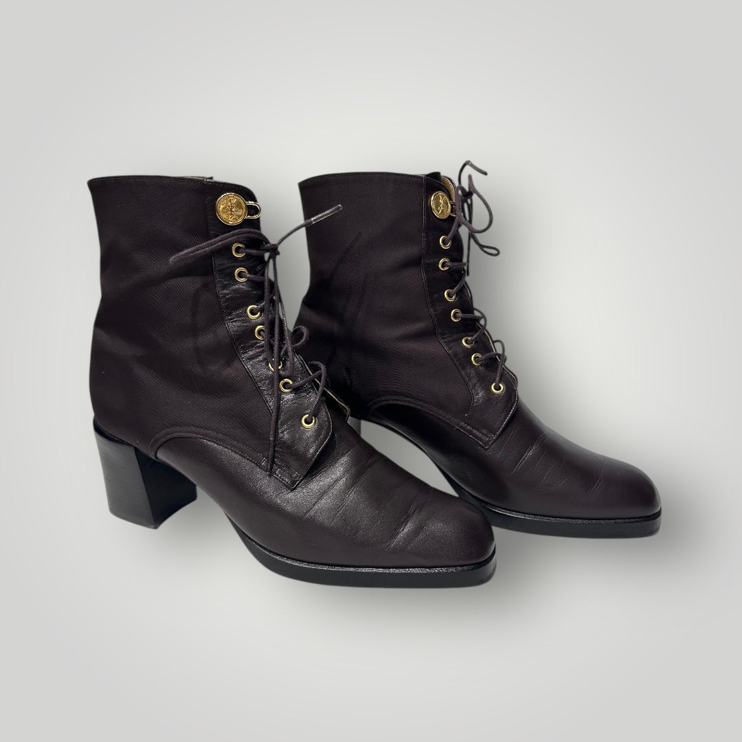 Vintage Yves Saint Laurent Lace Up Ankle Boots with Gold Medallion Buttons